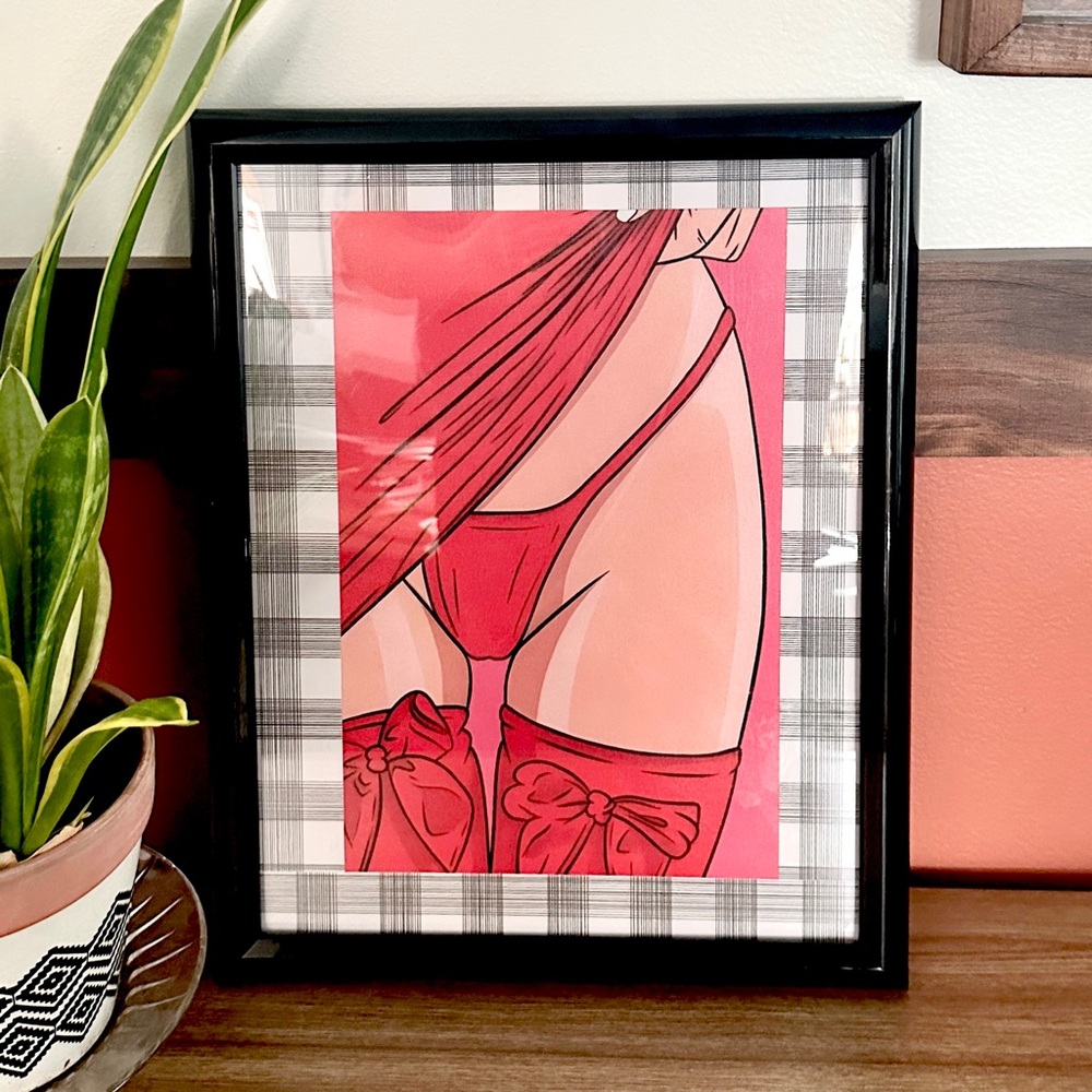 Red Thigh Highs Bows Sexy Woman Canvas Art Print Framed Wall Art Anime Drawing